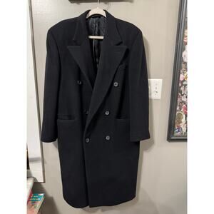 Women's Double Breasted 2ply Merino Worsted Wool Coat Long Black VTG Jacket